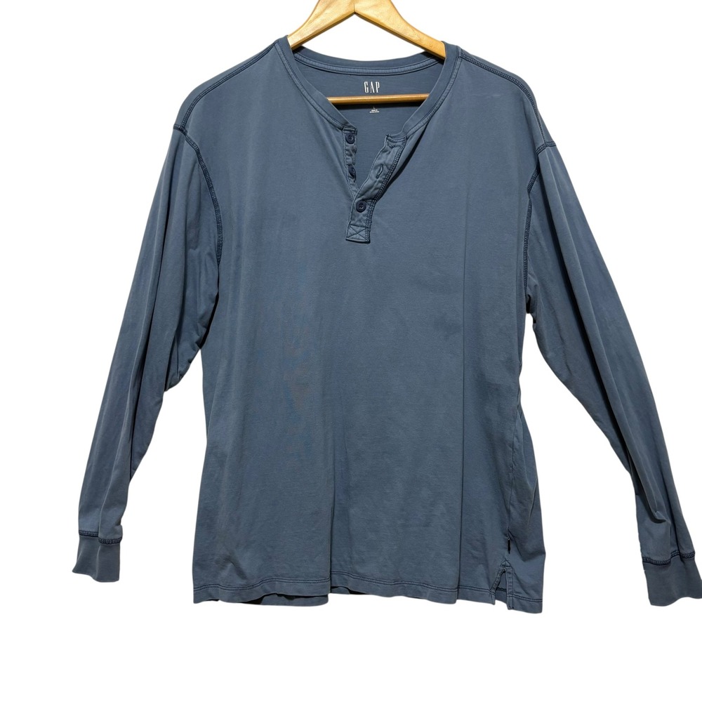 Gap Mens Long Sleeve Henley Shirt XL Blue Academia Cotton Basic Essential Y2K